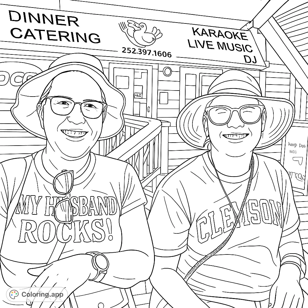 Two smiling women in hats, enjoying an outing with a vibrant building and signs in the background. A fun, detailed scene for all ages.