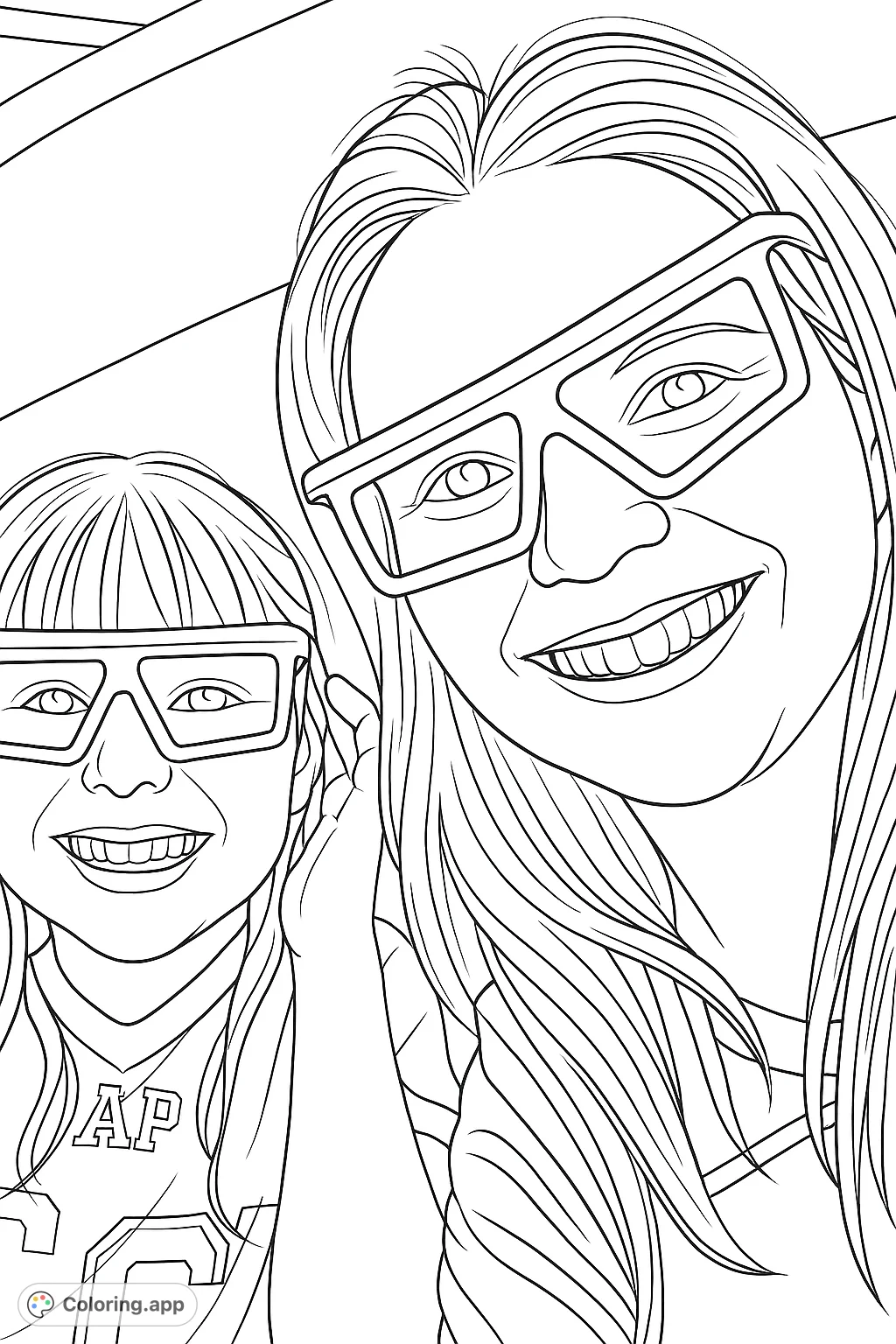A joyful adult and child wearing novelty glasses, ready for an exciting experience. This family fun coloring page is perfect for shared creative moments.