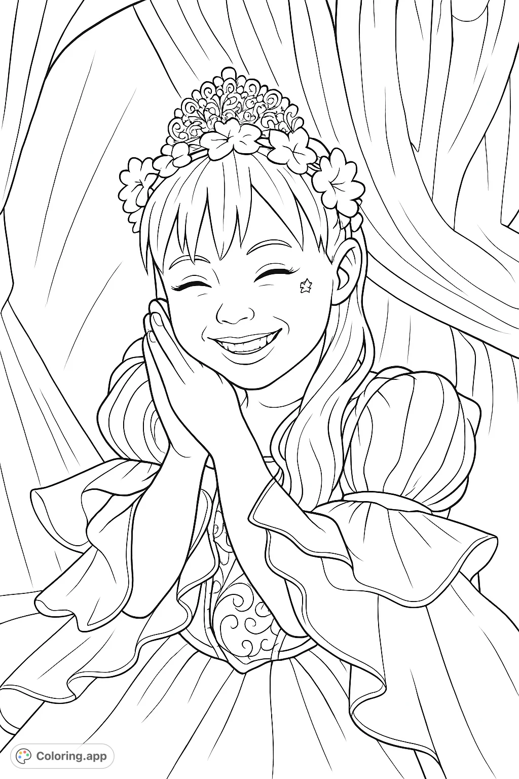 A delightful coloring page featuring a smiling young princess in a beautiful gown and crown, ready for a magical adventure. Perfect for imaginative play.
