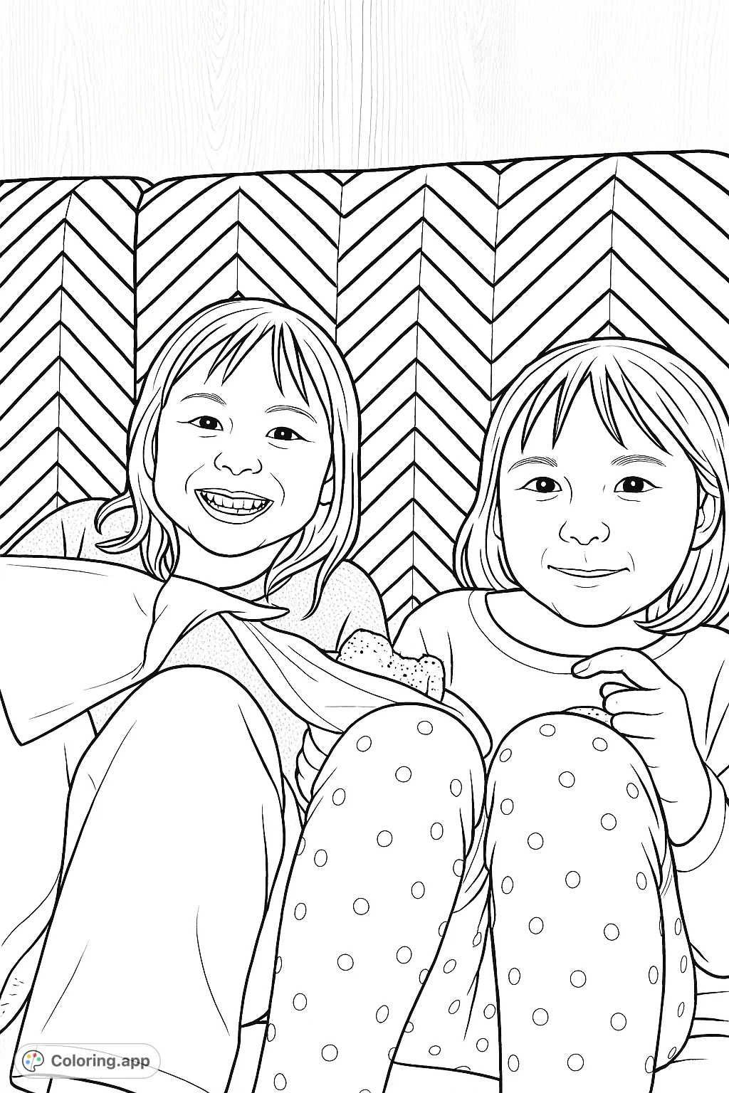 Two cheerful children enjoy cookies on a patterned couch. A delightful scene for coloring, perfect for capturing happy moments and practicing patterns.