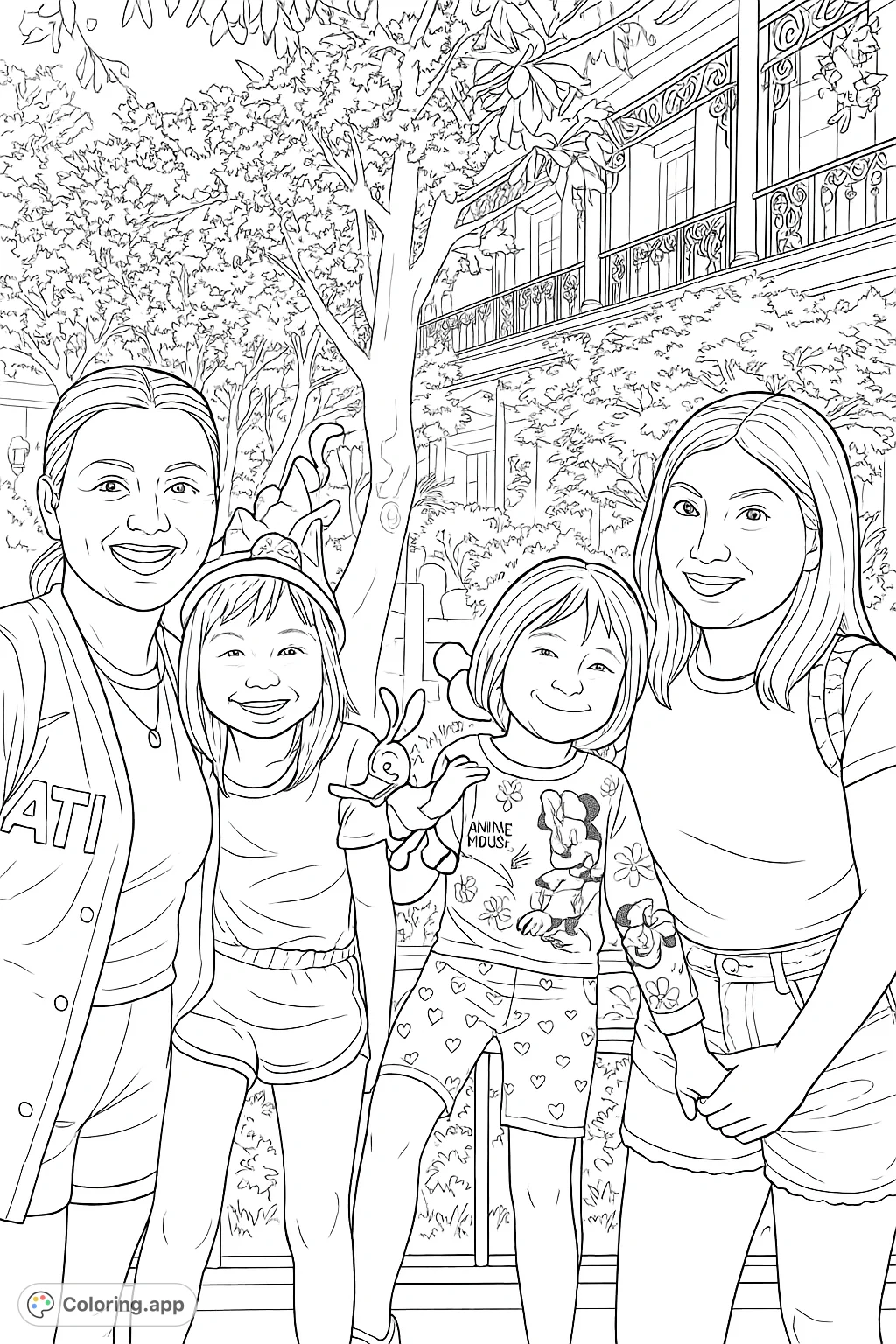 A heartwarming coloring page featuring two adults and two children smiling at a theme park, surrounded by trees and festive decorations. Perfect for family fun.