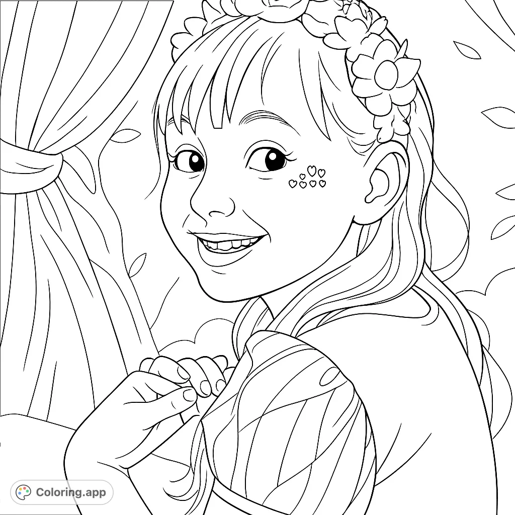 A delightful coloring page featuring a smiling girl adorned with a beautiful floral crown and decorative cheek elements, perfect for imaginative coloring fun.
