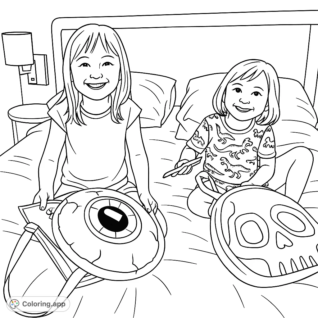 Two cheerful girls on a bed, ready for fun with their unique Halloween-themed bags. A delightful scene perfect for young colorists.