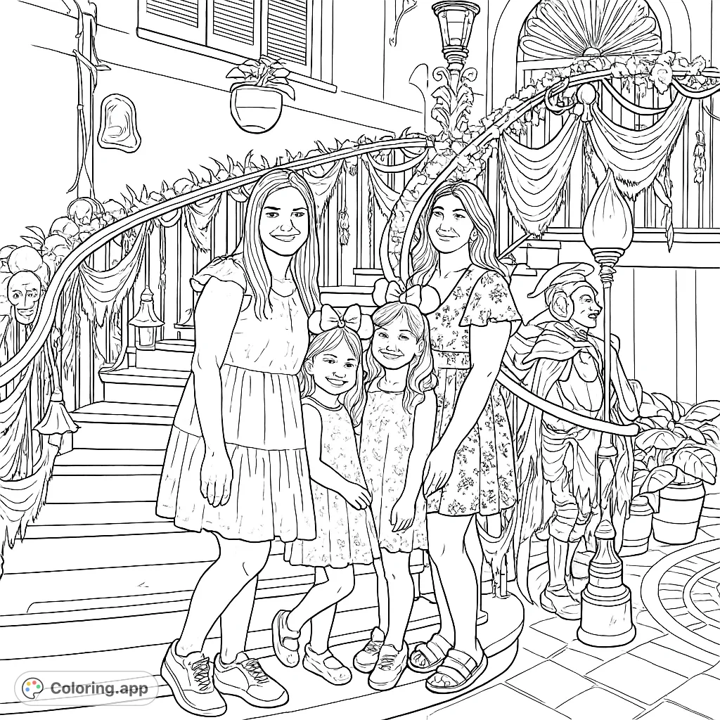 A family poses on a grand staircase adorned with spooky decorations, featuring spiders, webs, and mysterious elements. Perfect for Halloween fun!