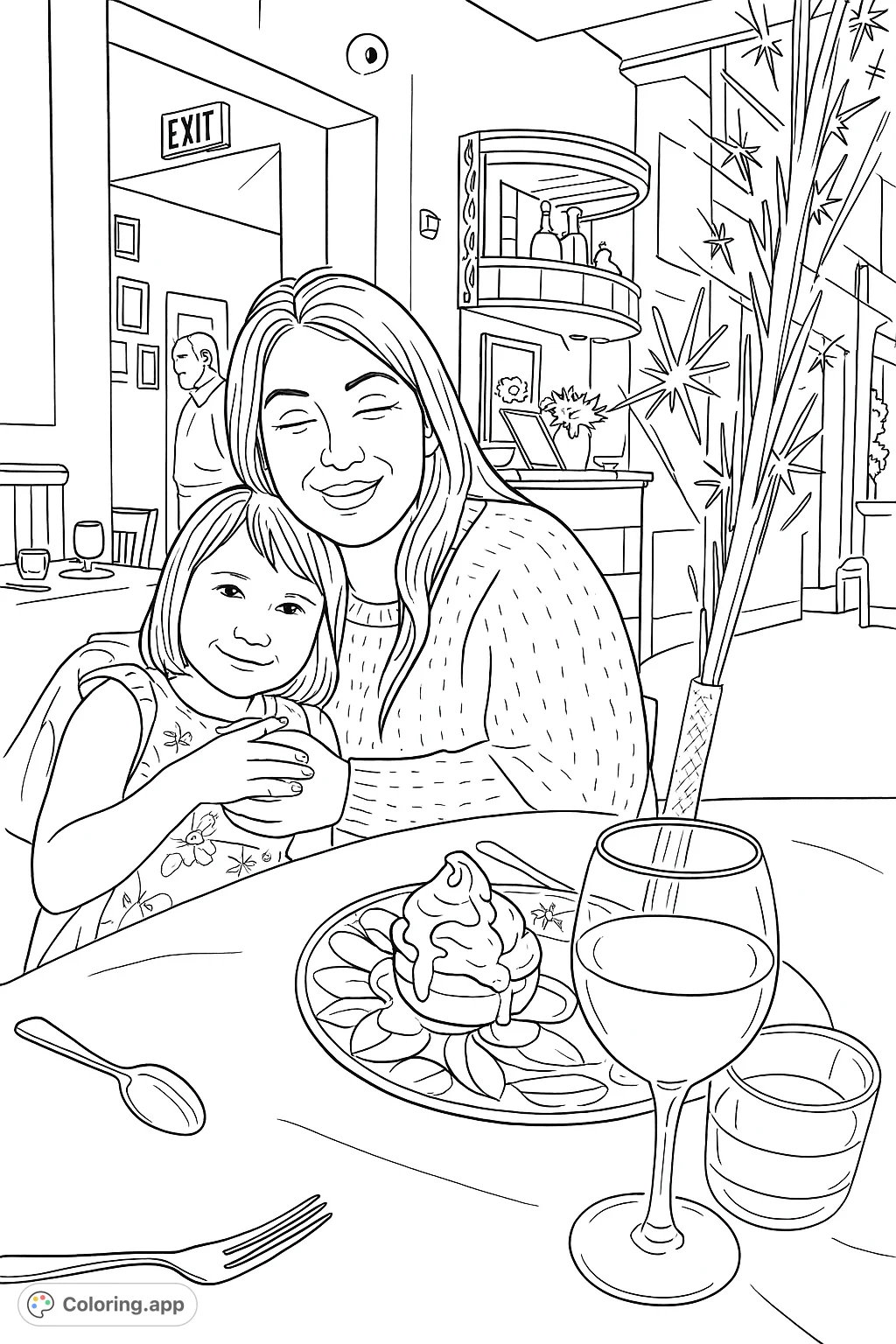 Capture a heartwarming celebration moment with a mother and child enjoying dessert and a sparkling candle at a restaurant. A delightful family scene.