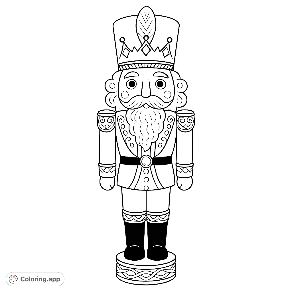 An elegant nutcracker soldier stands tall, adorned with intricate uniform details and a grand hat, ready for festive coloring fun.