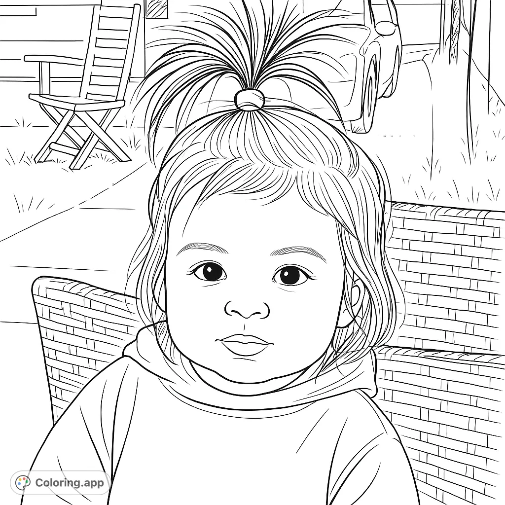 A charming coloring page featuring a sweet child with a playful ponytail, seated in a textured chair, set against a soft outdoor background. Perfect for young artists.