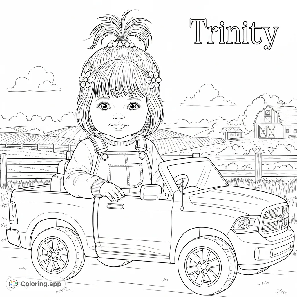 An adorable Trinity, an 18-month-old toddler, drives her child-sized Ram Pick up truck on a bustling farm, ready for a fun coloring adventure.