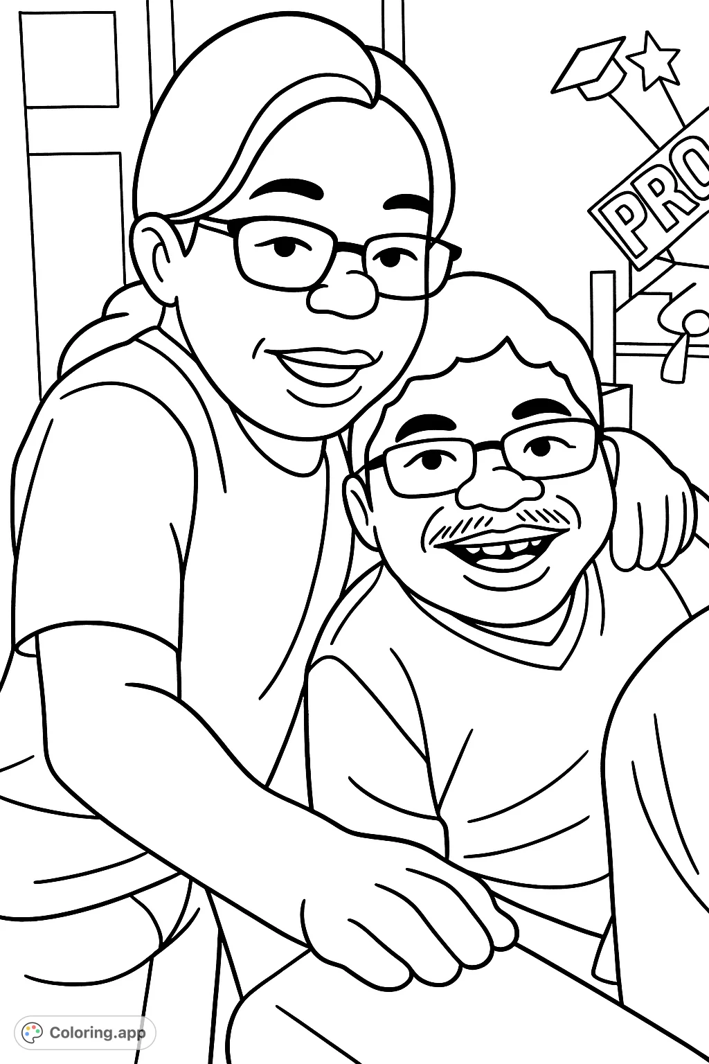 Celebrate special moments with this cartoony family bonding coloring page. Features two smiling individuals in a warm embrace amidst festive decorations.