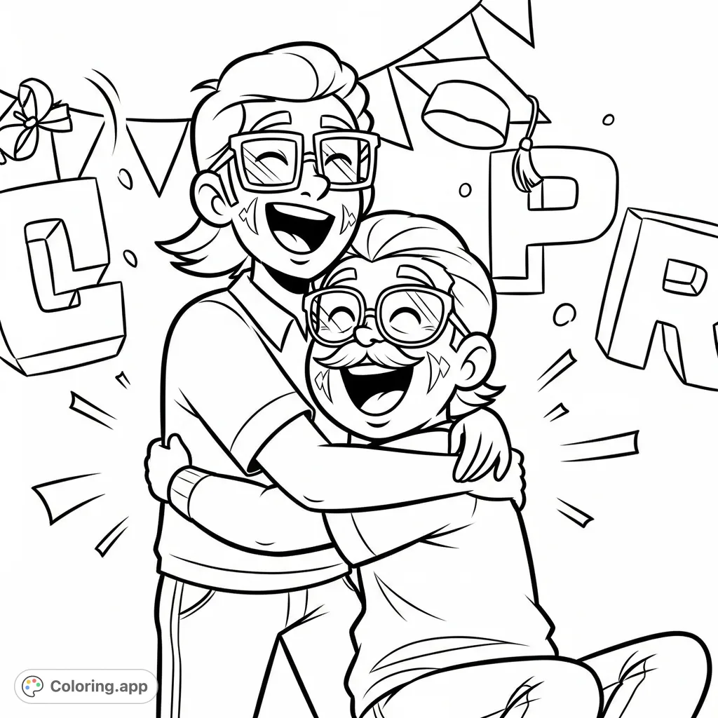 A heartwarming scene of two individuals in a joyful embrace, celebrating a special occasion with smiles and festive decorations. Perfect for a graduation coloring page.