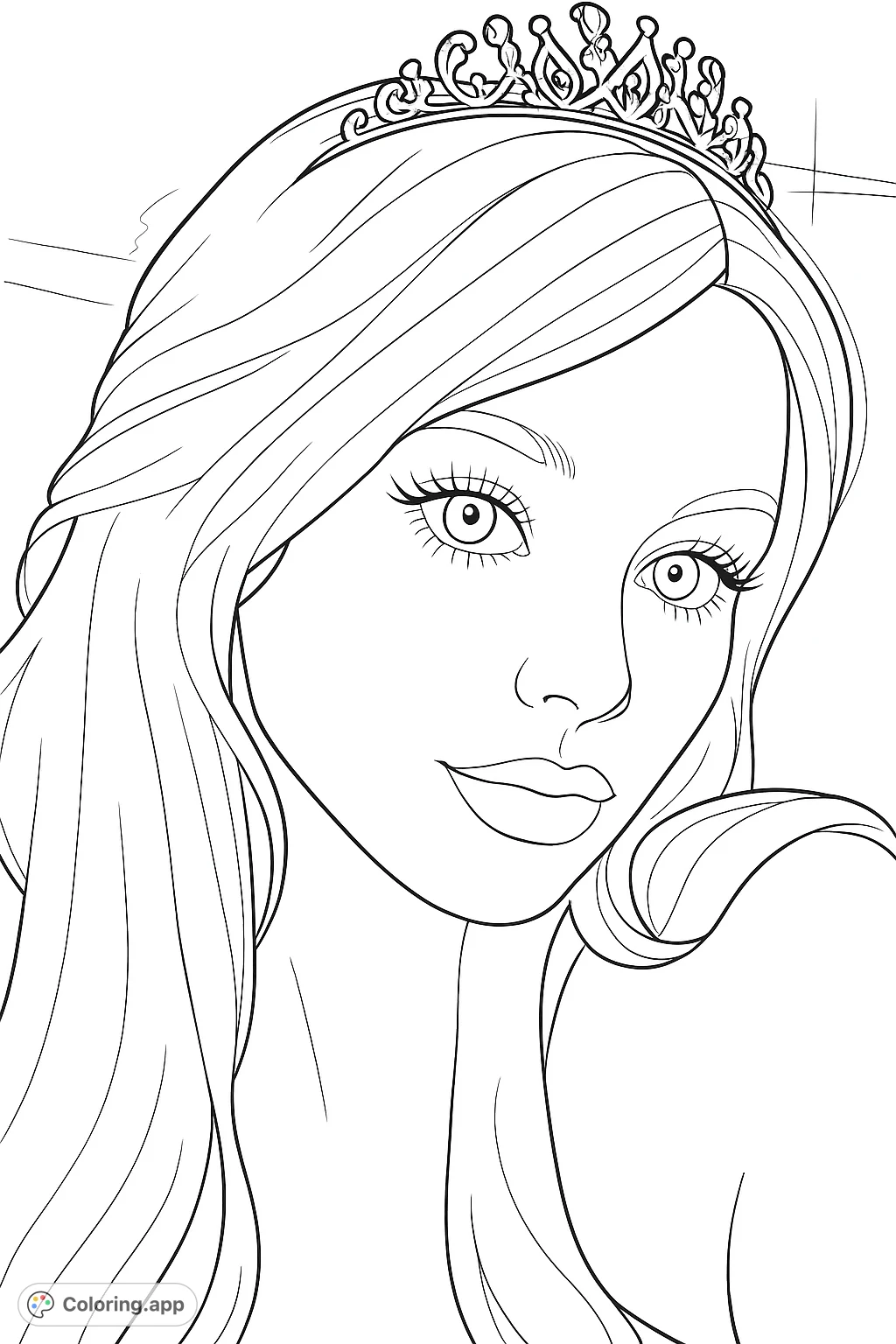 An elegant portrait of a woman wearing a sparkling tiara, featuring flowing hair and expressive eyes. Perfect for a regal coloring experience.