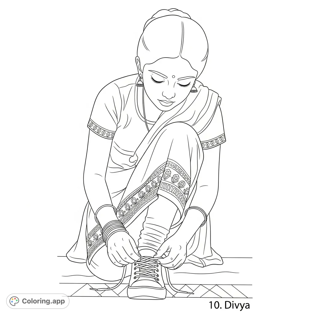 A charming coloring page featuring Divya, a 10-year-old Indian girl, focused on tying her shoelaces, set against a simple, inviting background.
