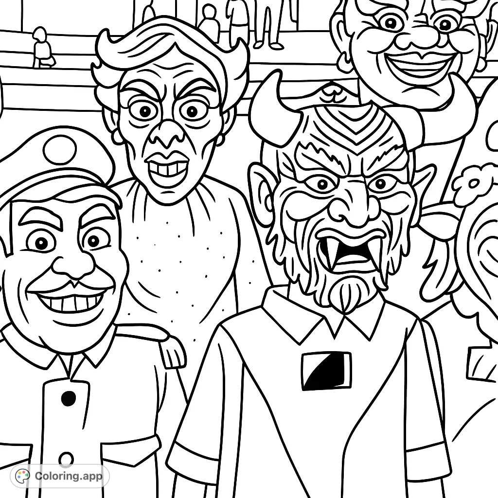 Dive into a world of vibrant celebration with this carnival masks coloring page! Featuring exaggerated faces and unique costumes, it's a free printable for all ages.