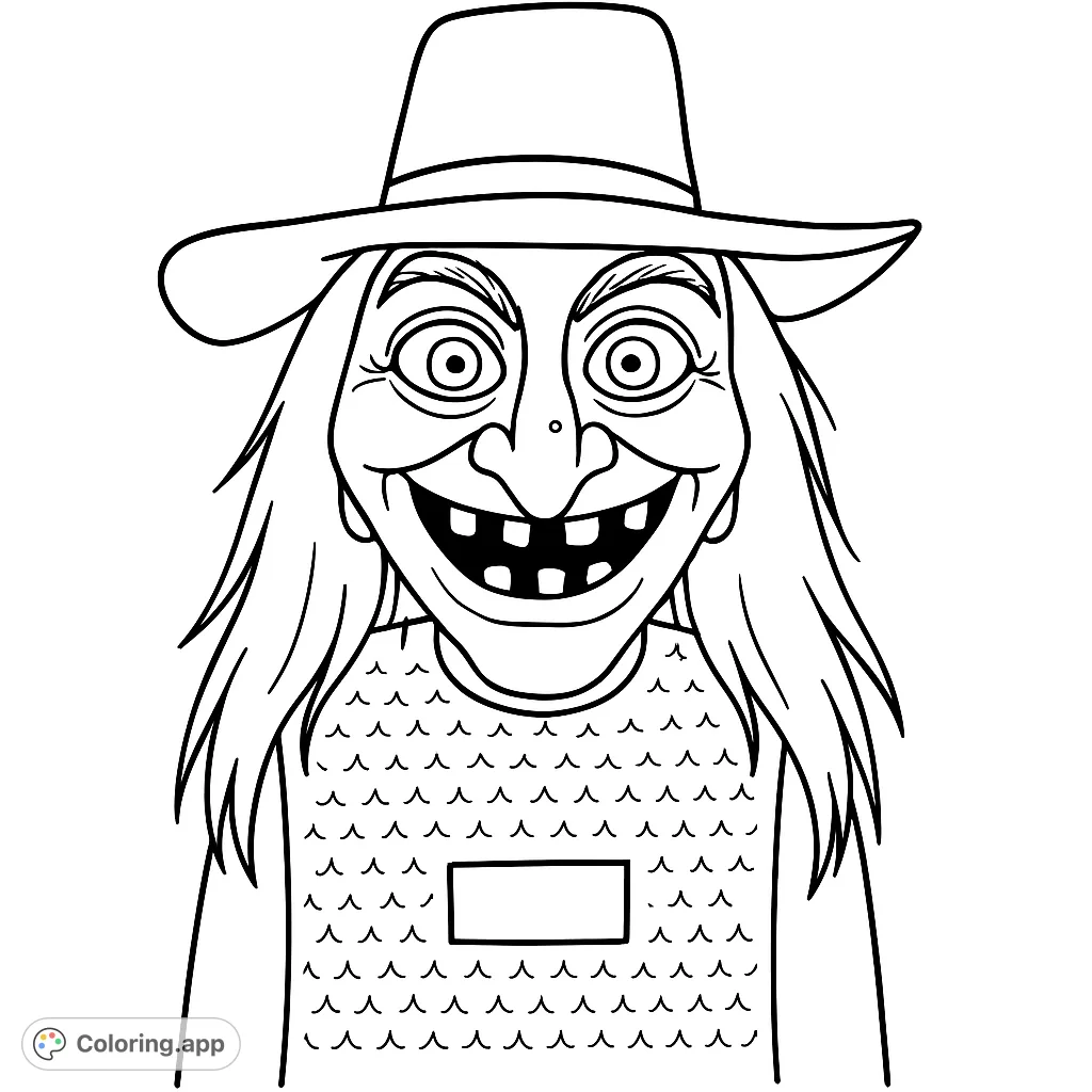 A cartoony witch with a wide, toothy grin and a tall hat, perfect for a spooky and fun coloring adventure. Features bold outlines and a whimsical design.