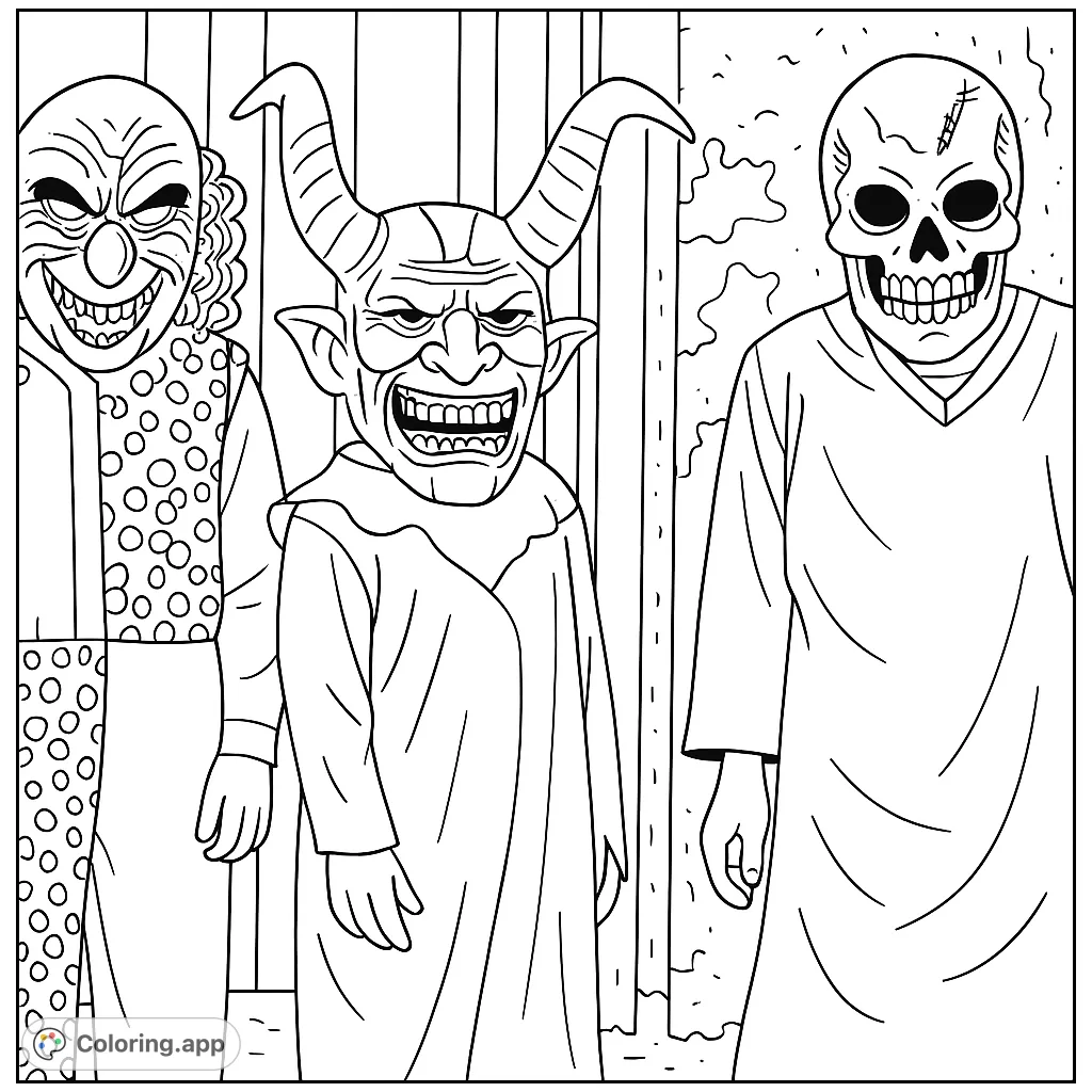 Unleash your creativity with this spooky masked figures coloring page! Featuring a clown, a horned creature, and a skull, perfect for Halloween fun.