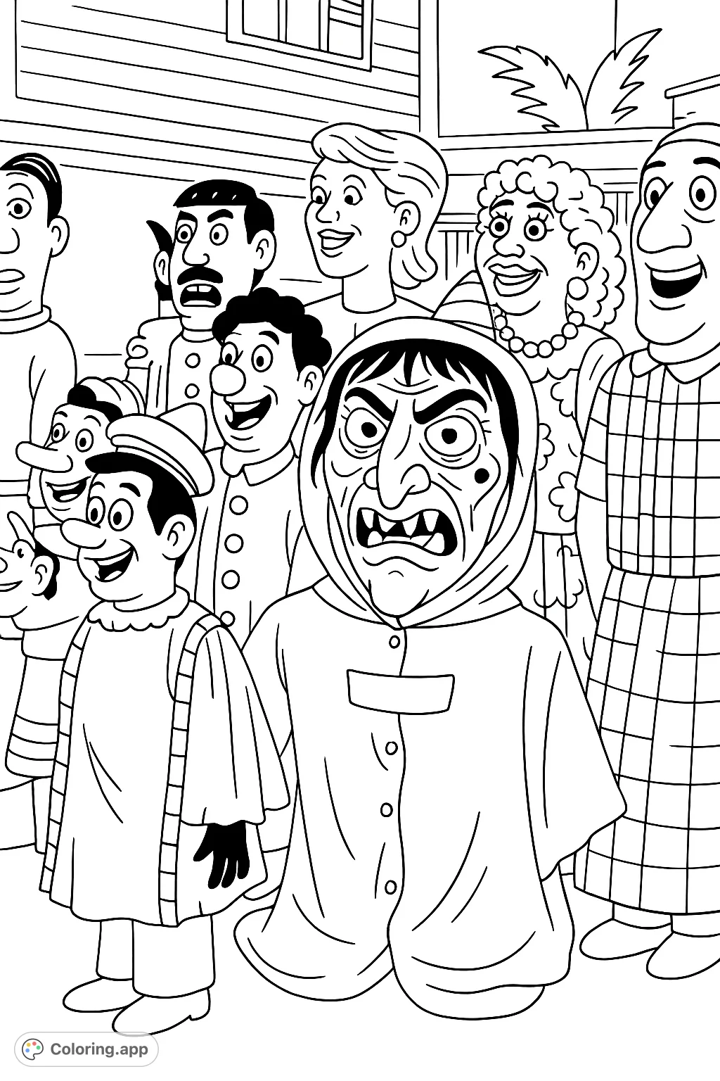 A lively gathering of cartoony, exaggerated masks and puppets, perfect for a fun and imaginative coloring experience. Explore unique characters and festive details.