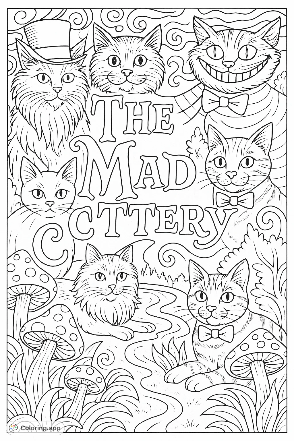 Enter a fantastical world of felines! This intricate coloring page features seven unique cats, whimsical mushrooms, and swirling patterns for a truly imaginative experience.