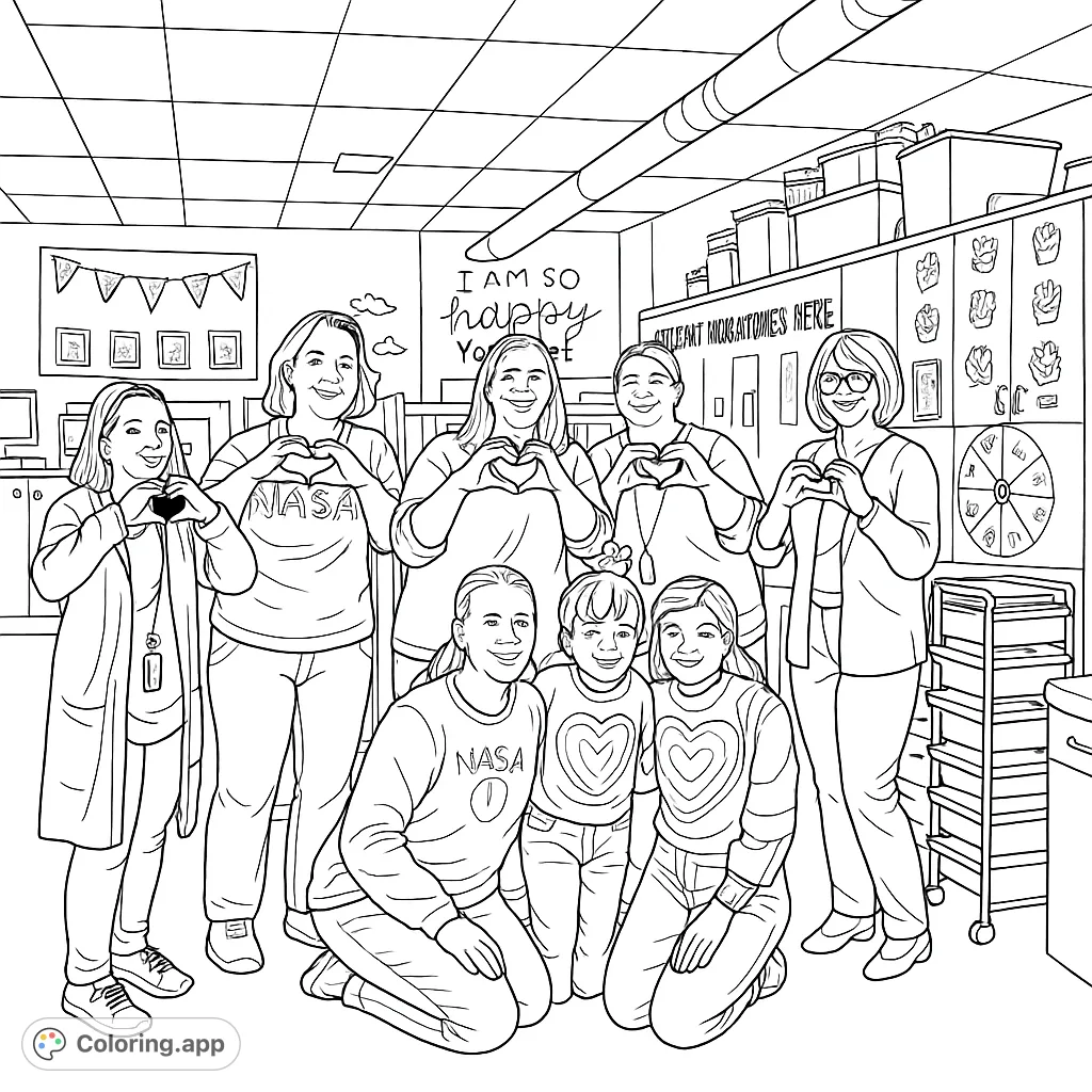A joyful classroom scene featuring a group of adults and children making heart gestures, surrounded by educational decor. Perfect for celebrating community and happiness.