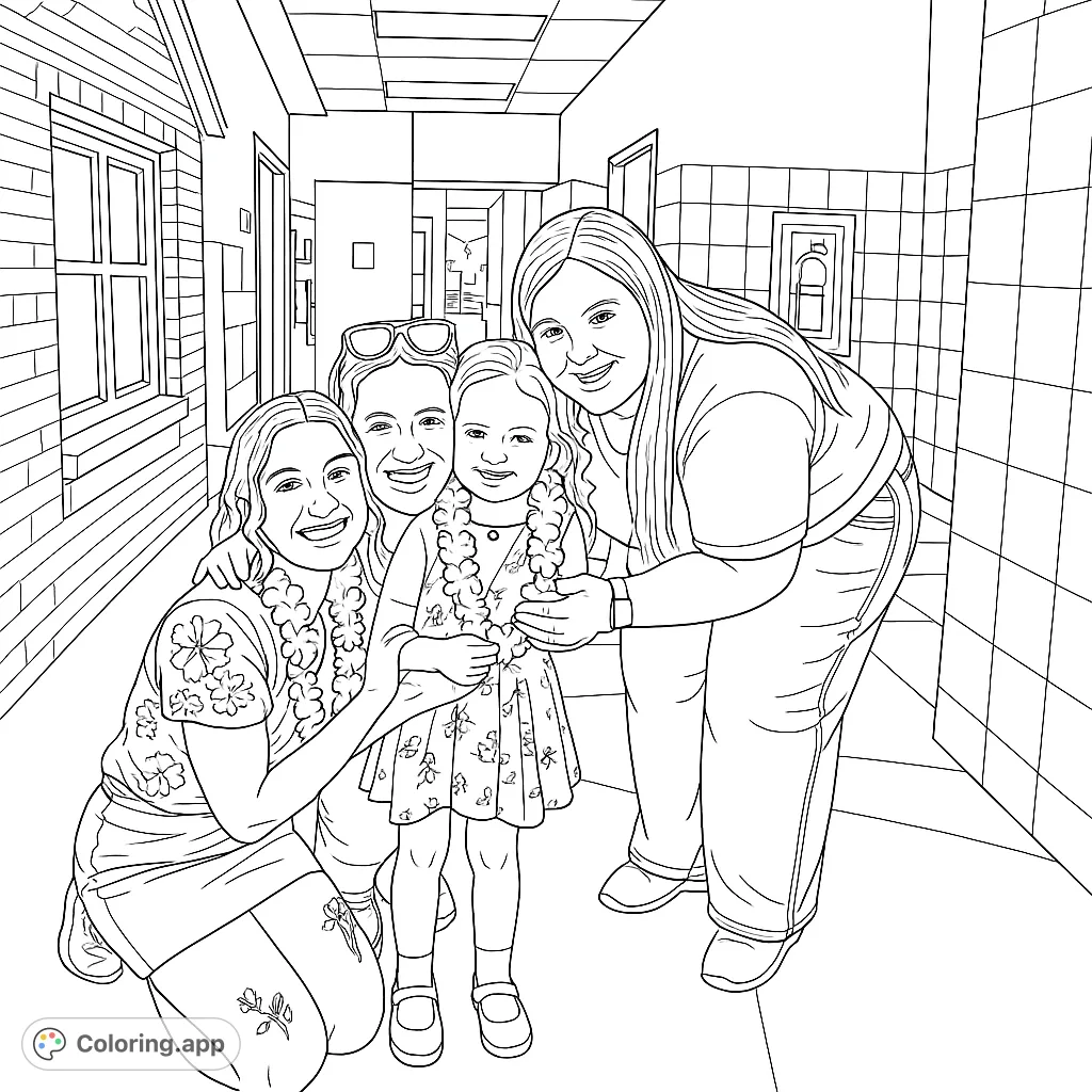 A joyful group of three adults and a child, all wearing leis, posing happily in a hallway. Perfect for a fun, celebratory coloring page.
