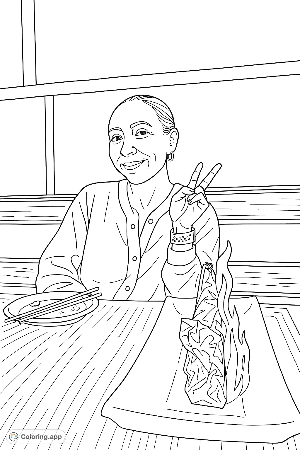 A cheerful woman making a peace sign at a restaurant table, with a unique flaming dish and chopsticks. A fun, engaging scene to color.