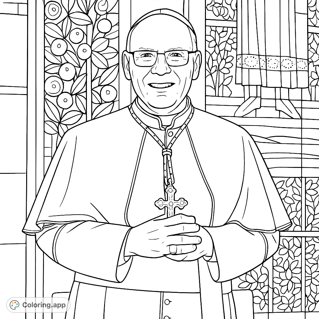A distinguished cleric in traditional vestments, holding a pectoral cross, stands before a beautiful stained glass window. A serene and detailed portrait for coloring.