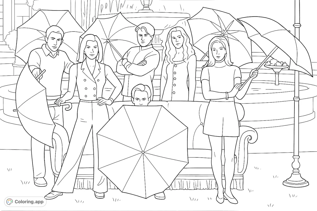 An iconic scene featuring six beloved characters with umbrellas around a couch and fountain. A nostalgic and detailed coloring page for fans.