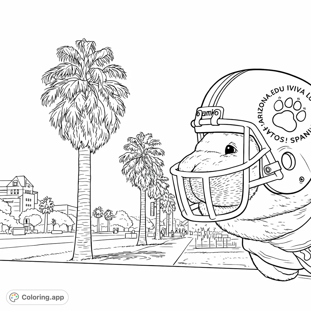A whimsical football-themed coloring page featuring a plush figure in a helmet peeking over a ledge, set against a backdrop of tall palm trees and campus buildings.