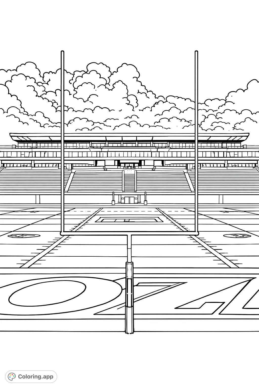 A detailed football stadium coloring page featuring prominent goalposts, a vast field with markings, and grandstands under a dynamic, cloud-filled sky.