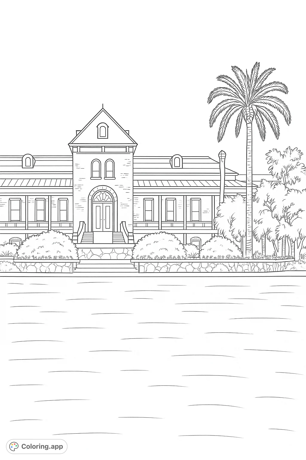 Color a majestic historic building with intricate brickwork, grand entrance, and a serene landscape featuring a tall palm tree and expansive lawn.