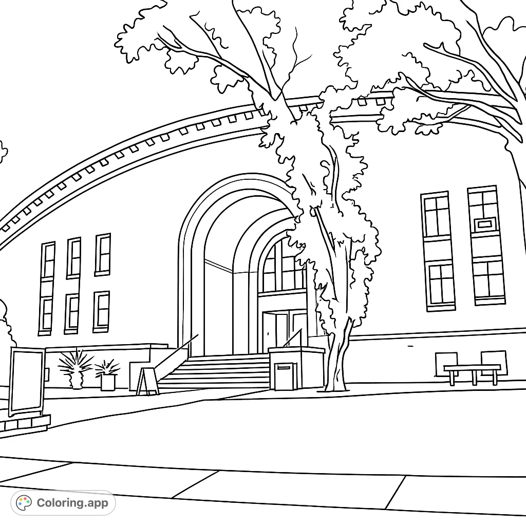 Color a grand brick university building with a prominent arched entrance, detailed windows, and surrounding campus landscape elements like a large tree and grassy areas.