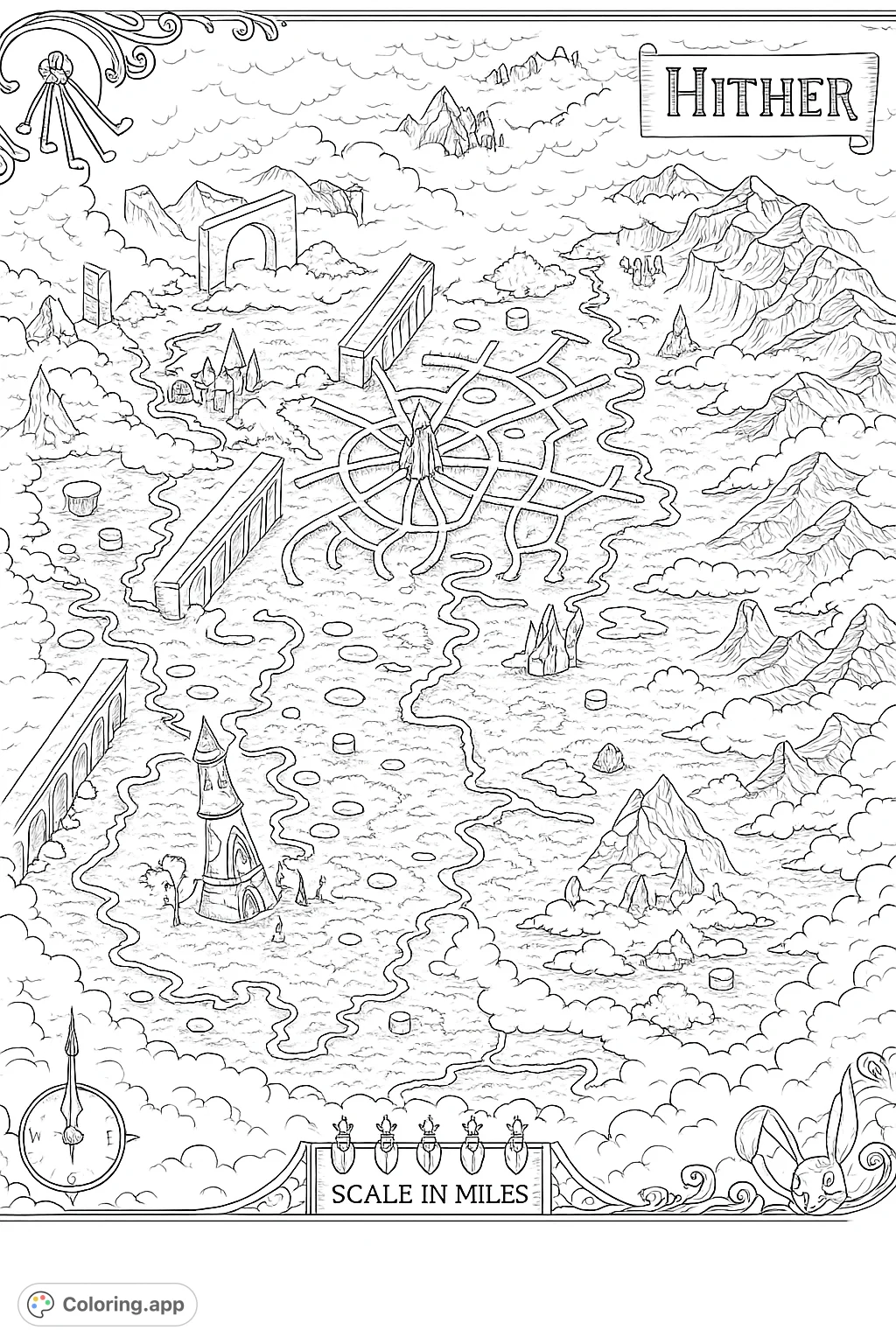 Explore the intricate details of a fantastical land with winding rivers, ancient structures, and mysterious mountains, perfect for an imaginative coloring adventure.