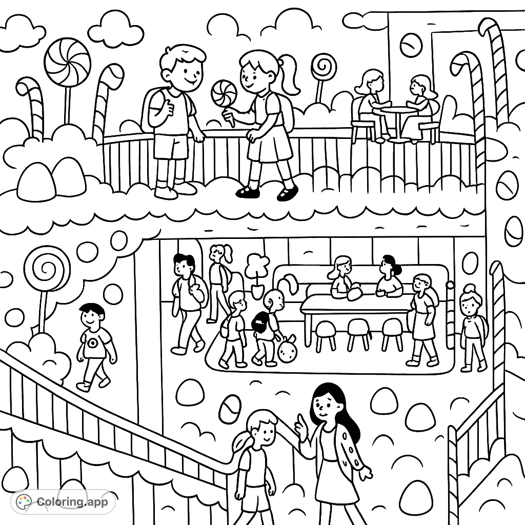 Explore a delightful Candy Land coloring page featuring whimsical characters, gumdrop architecture, and sweet details across multiple levels. A truly enchanting scene!