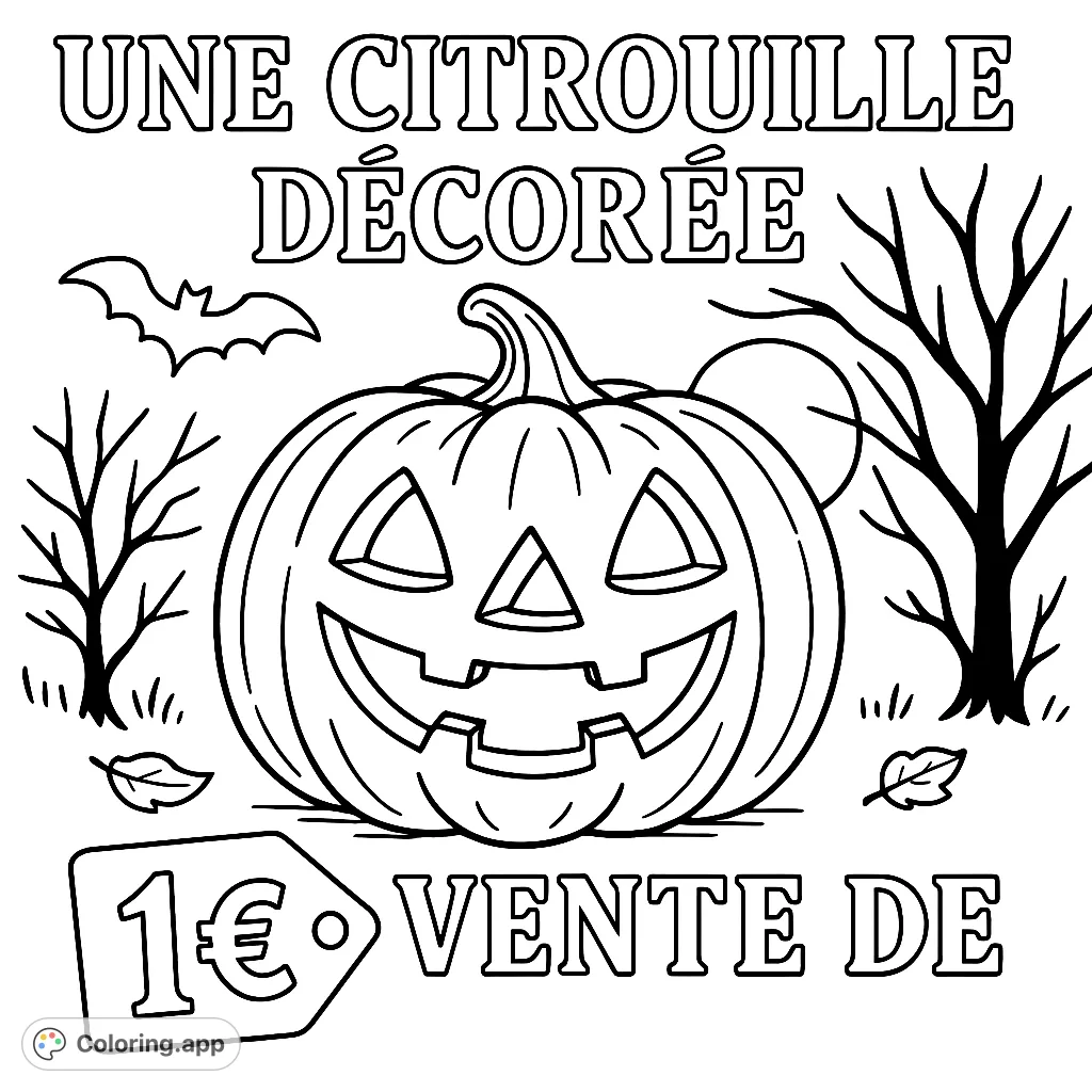 A cheerful jack-o'-lantern under a full moon, surrounded by spooky trees and a flying bat, perfect for Halloween fun.