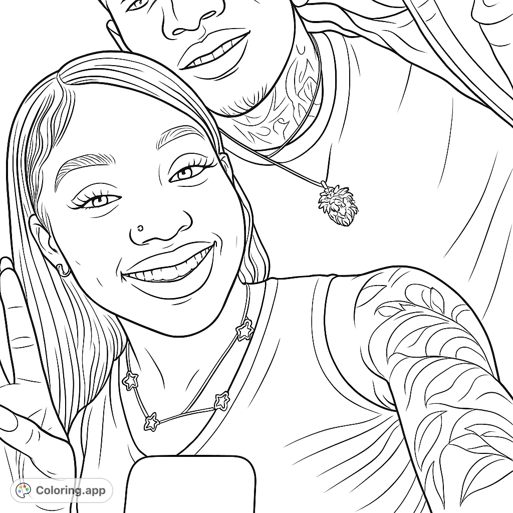 A heartwarming portrait of a smiling couple, featuring detailed accessories and a floral arm tattoo, perfect for a romantic coloring page.