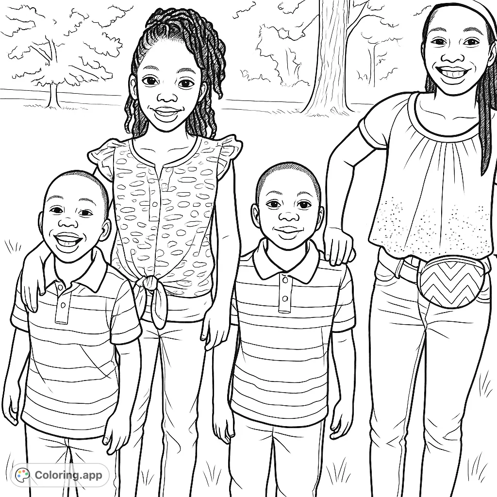 Four happy children smiling together in a grassy outdoor setting, perfect for a joyful coloring experience.