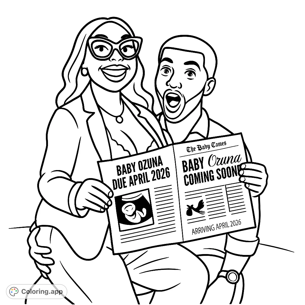 Celebrate new beginnings with this cartoony baby announcement coloring page! A happy couple shares exciting news, perfect for family and friends.