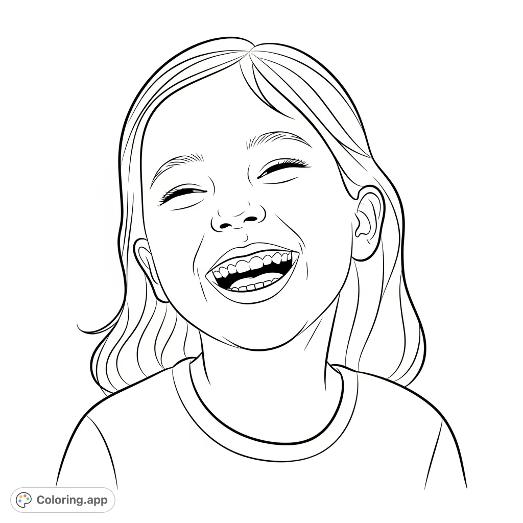 A cheerful girl with a wide, laughing smile, perfect for a joyful coloring experience. This free printable coloring page captures pure happiness.