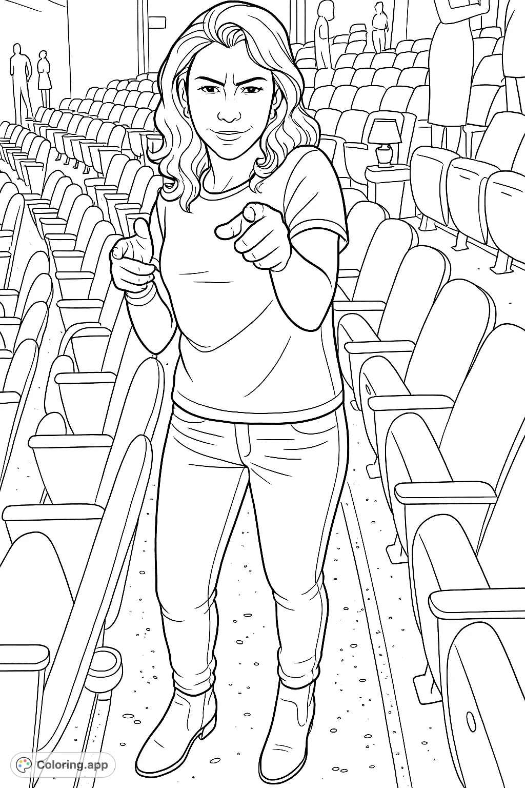 A confident woman points directly at you from a theater aisle, surrounded by rows of plush seats. A dynamic scene ready for your creative touch.