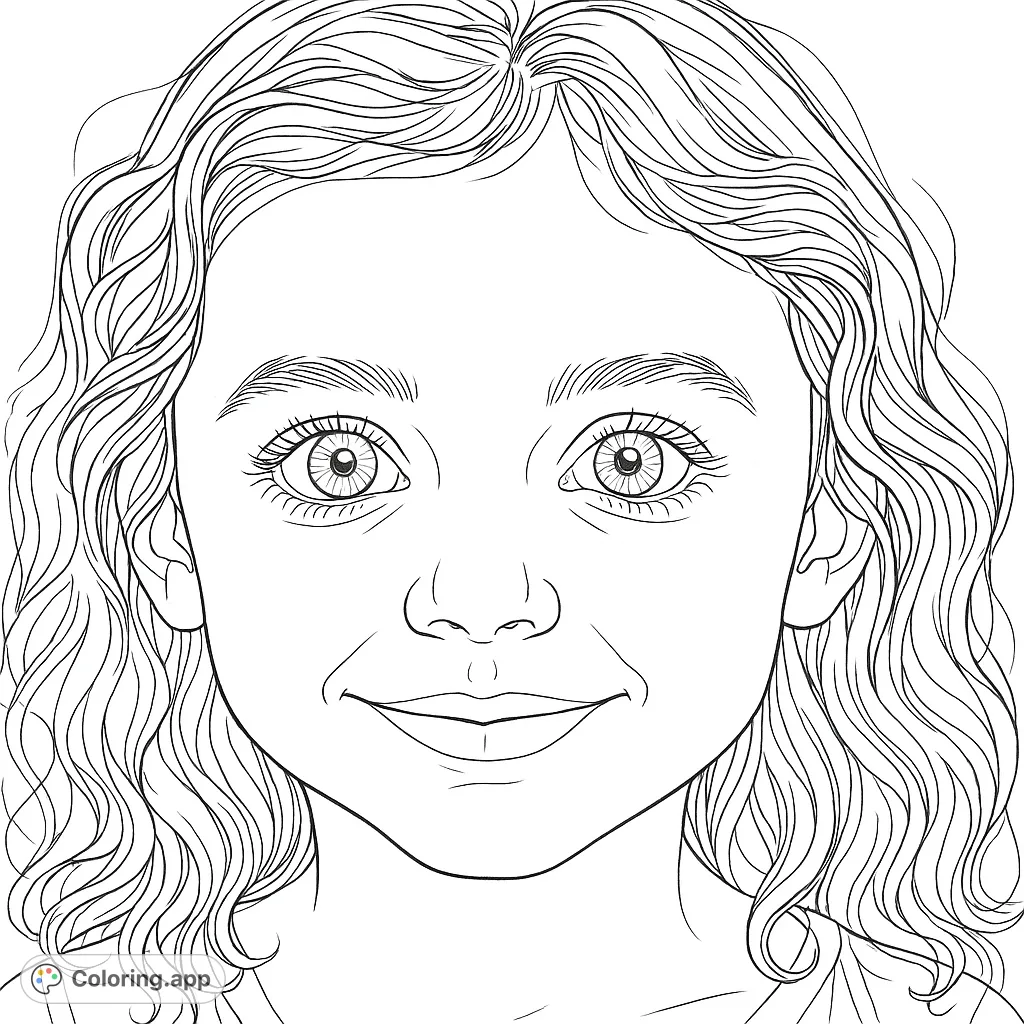 Capture the innocence of a smiling child with this detailed portrait coloring page. Perfect for practicing facial features and expressions.