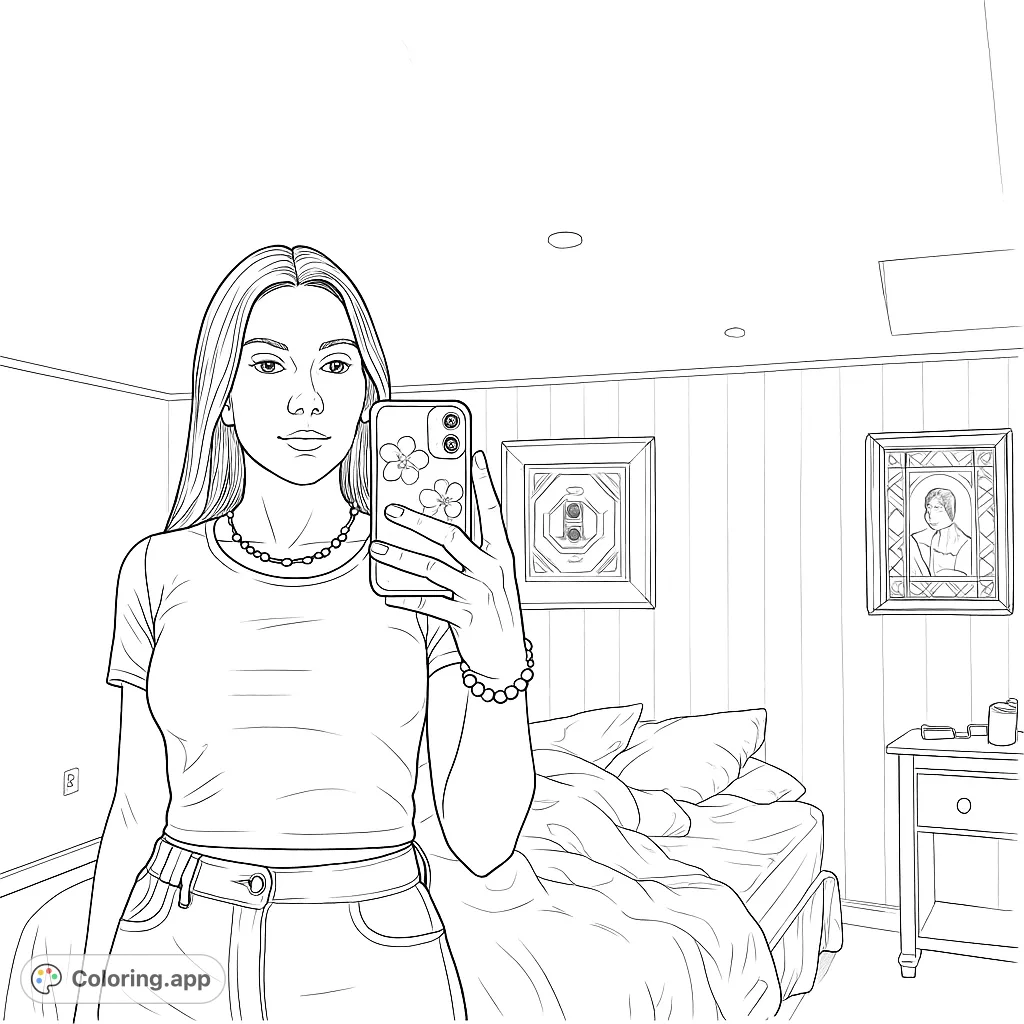 Capture a moment of self-expression with this detailed teen selfie coloring page. Features a young woman in a bedroom setting, perfect for creative coloring.