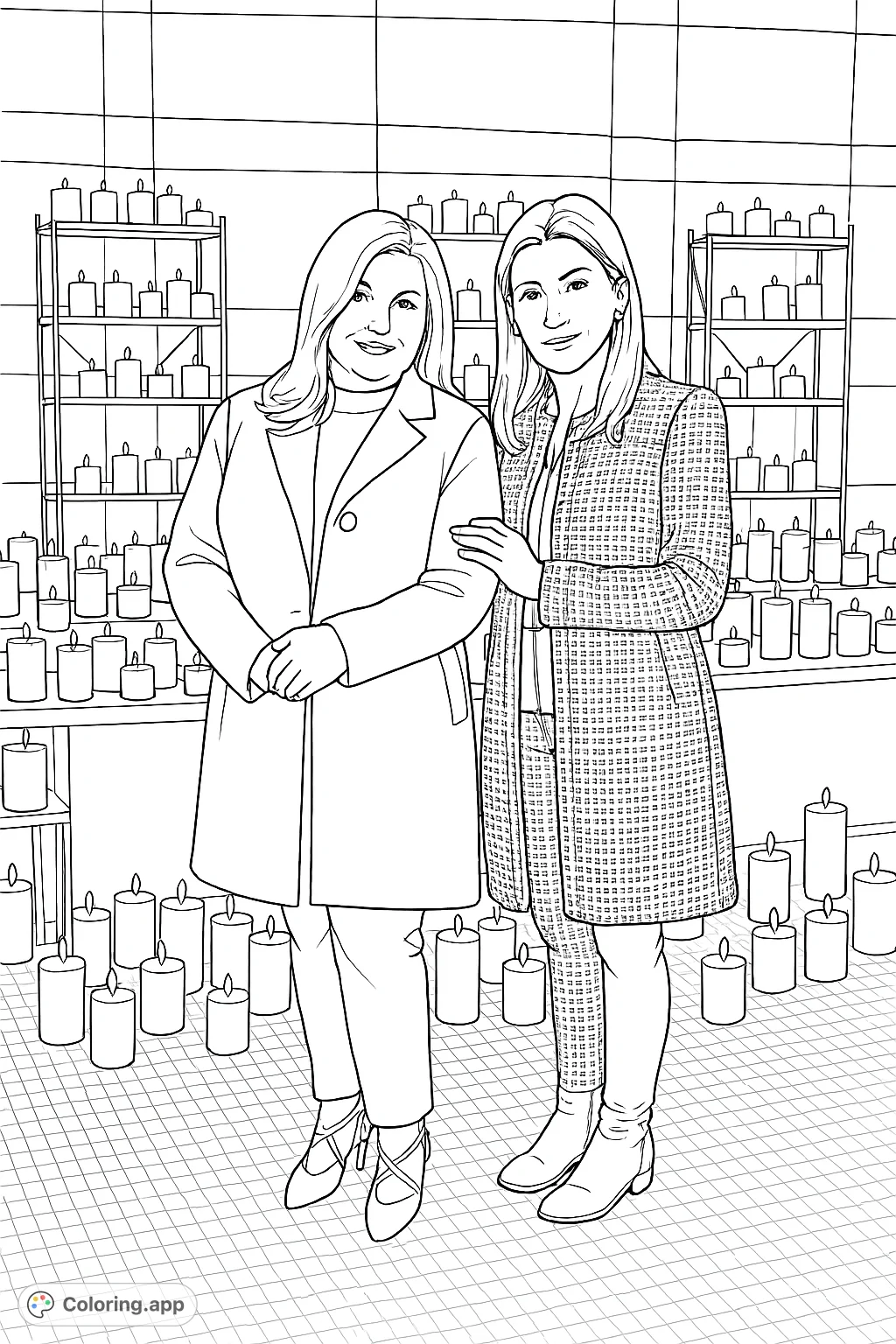 Two women pose elegantly amidst a warm glow of numerous pillar candles, creating a serene and inviting scene perfect for a relaxing coloring experience.