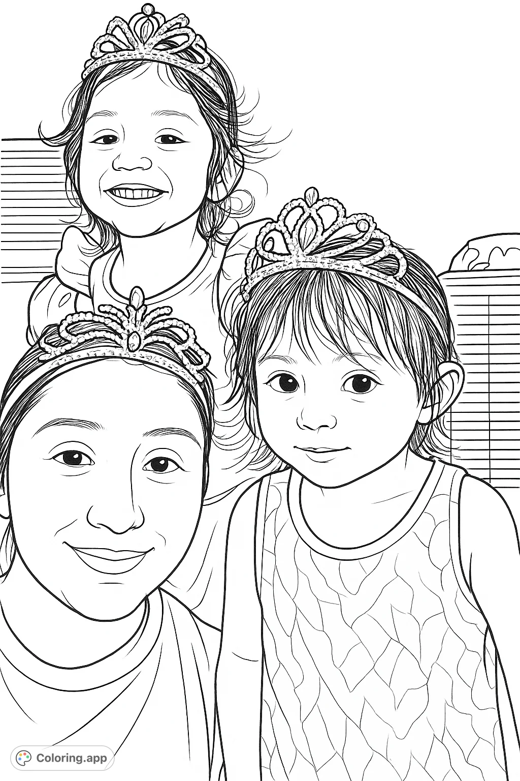 A charming three princesses coloring page featuring an adult and two children wearing ornate crowns, perfect for family fun and creative expression.