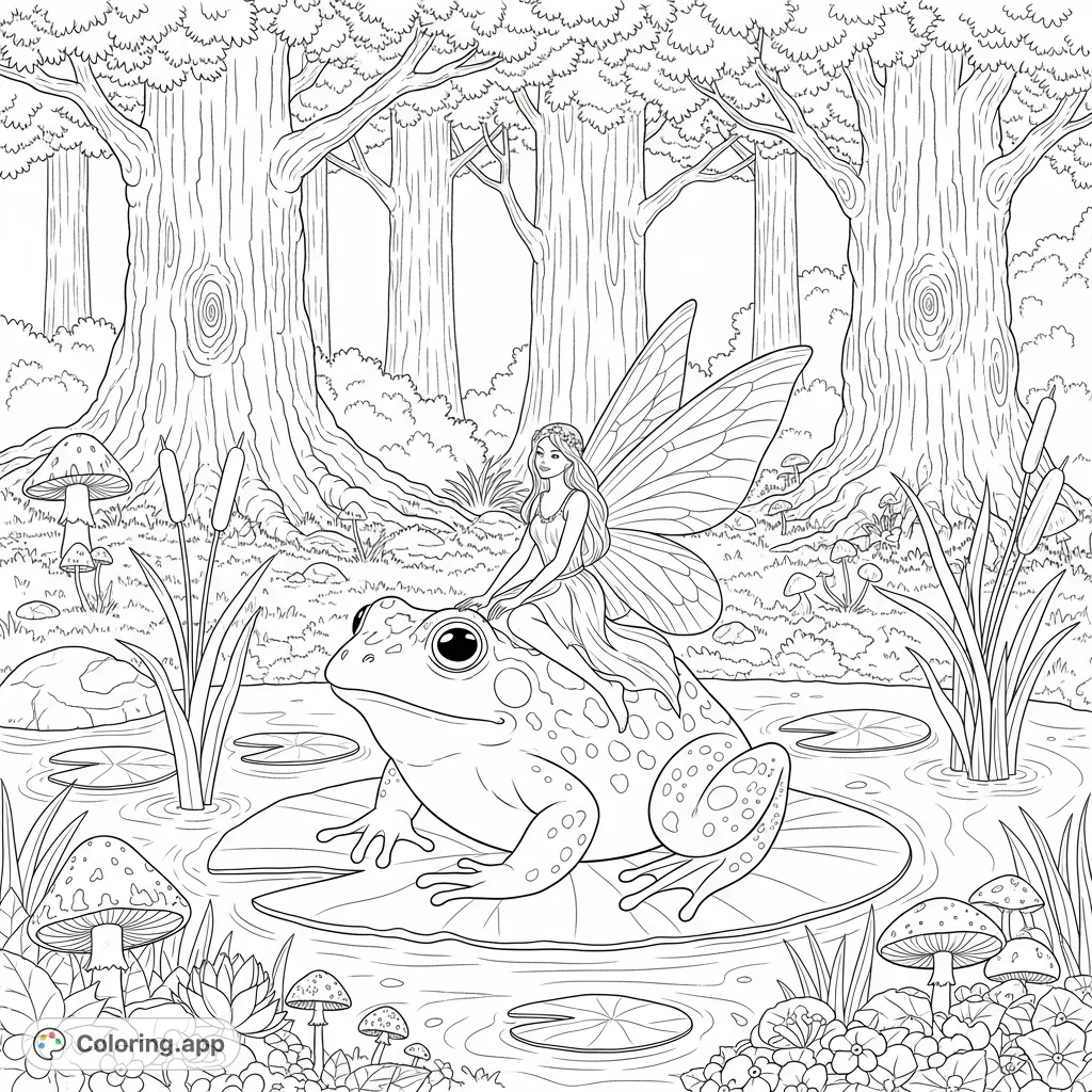 A charming fairy rests on a friendly frog amidst lily pads in a serene forest pond, surrounded by lush foliage and whimsical flora. Perfect for magical coloring.