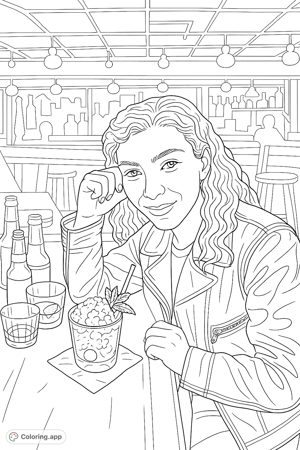 A stylish woman enjoys a refreshing cocktail at a lively bar. Perfect for adult colorists seeking a sophisticated scene to bring to life.