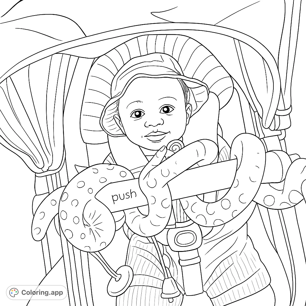 A delightful coloring page featuring a smiling baby in a stroller, surrounded by a playful caterpillar toy. Perfect for a heartwarming coloring experience.