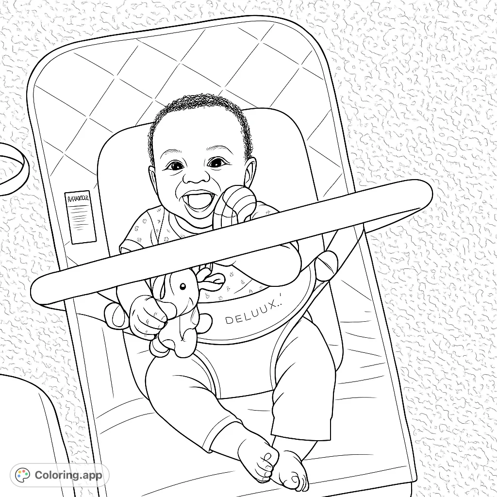 A delightful baby smiles broadly while seated in a bouncer, holding playful toys. This happy baby coloring page is perfect for celebrating new arrivals.