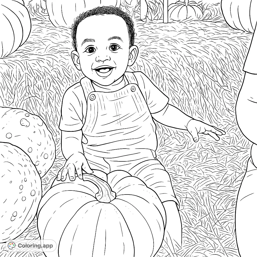 A delightful autumn scene featuring a smiling toddler surrounded by pumpkins and hay bales. Perfect for harvest season fun and developing fine motor skills.