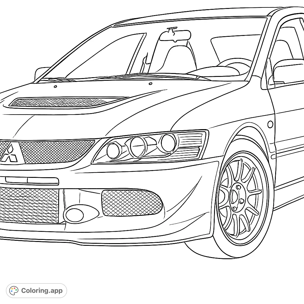 Color a sleek, high-performance sports car with intricate details, from its aggressive front bumper to its multi-spoke wheel. Perfect for car enthusiasts!