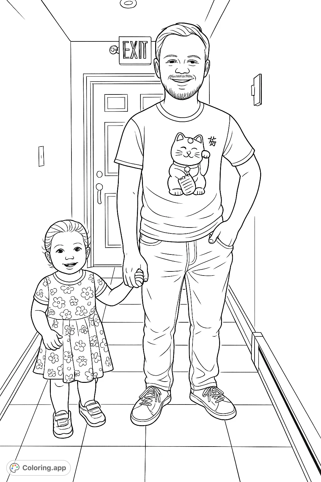 A heartwarming coloring page featuring a man and a child holding hands in a hallway, smiling. Perfect for celebrating family bonds and everyday moments.