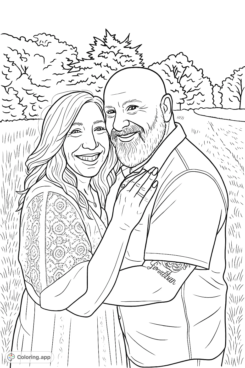 Capture the warmth of a loving couple embracing in a scenic outdoor setting. This portrait features intricate details like lace patterns and tattoos, perfect for personalizing.